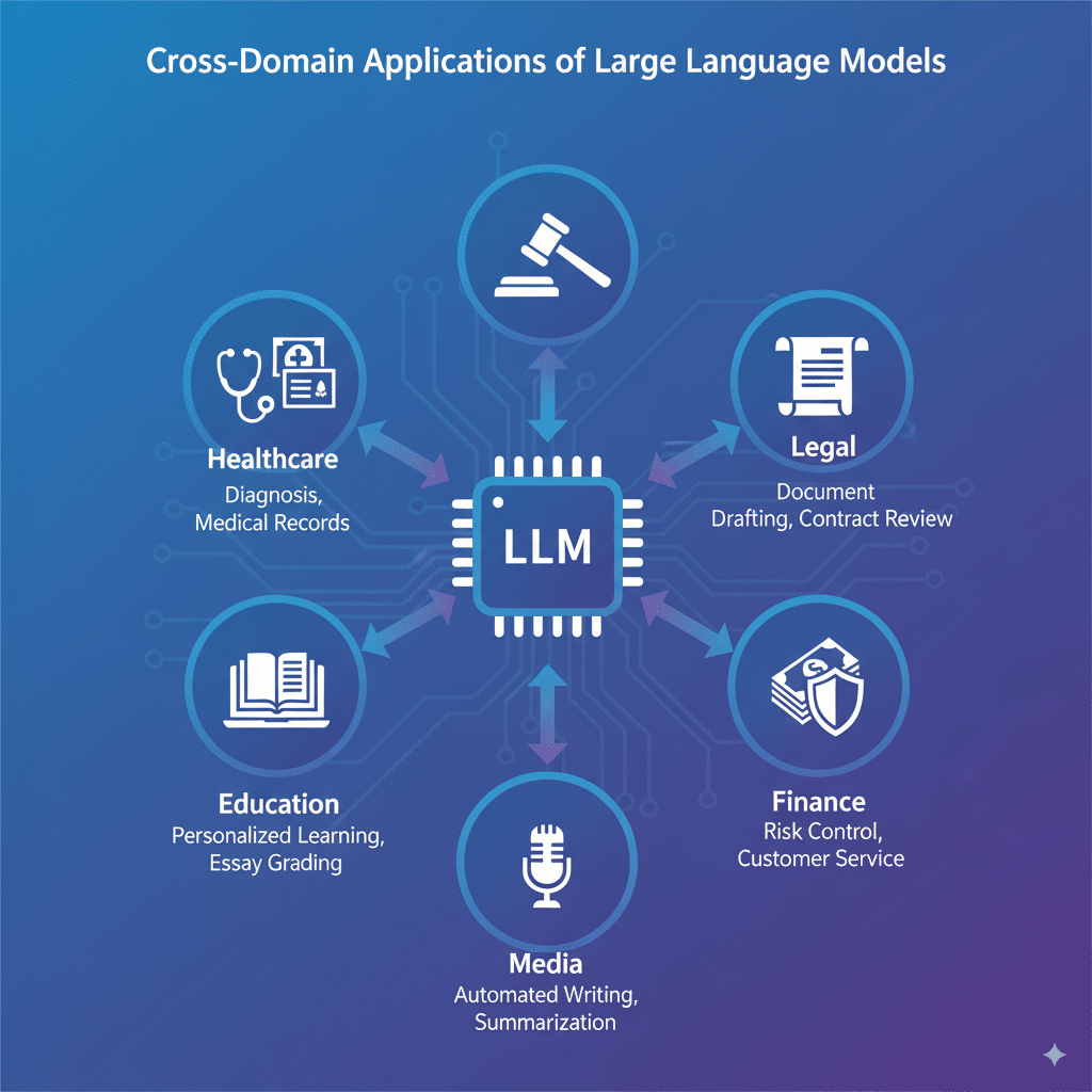 信息图展示 LLM 的跨领域应用。中心是 AI 芯片图标,周围环绕医疗(辅助诊断、病历生成)、法律(文书生成、合同审查)、教育(个性化学习、自动批改)、金融(智能风控、客户咨询)、媒体(自动写作、摘要生成)等场景。