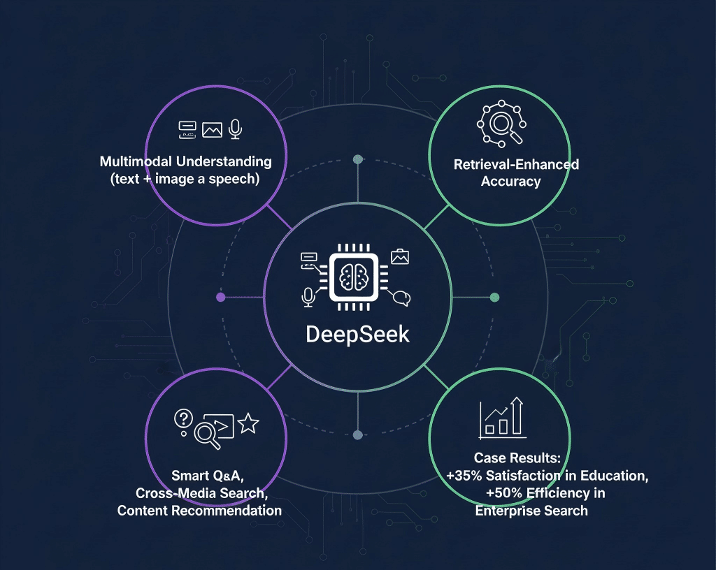 信息图展示 DeepSeek 的独特特点和应用。中心是 DeepSeek,周围环绕多模态语义理解、检索增强、智能问答、跨媒体搜索、内容推荐等能力,并展示应用案例:教育平台用户满意度提升35%,企业知识库搜索效率提升50%。