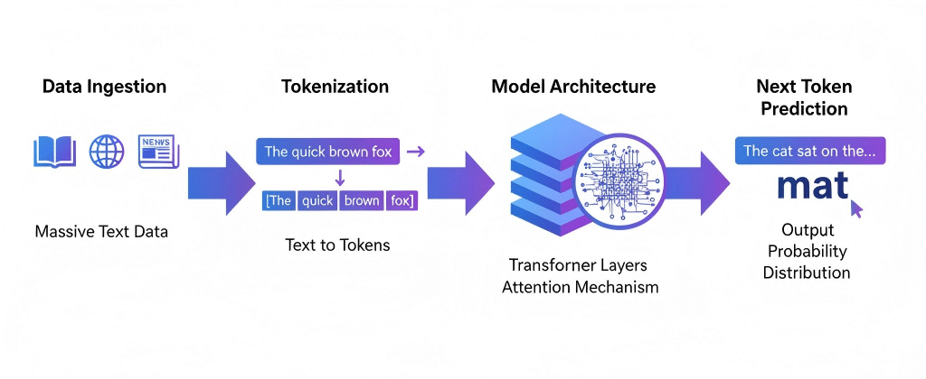 LLM 训练流程图,从输入多样化语料(网页、书籍、新闻)开始,经由 Token 化、Transformer 注意力机制编码,最后输出预测下一个 Token,箭头表示逐步推进的过程。
