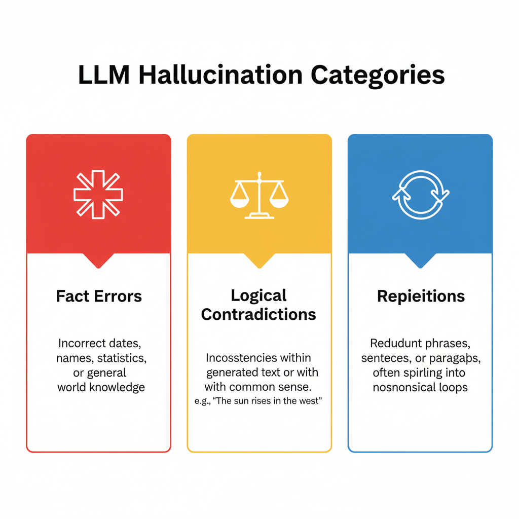 信息图展示三类常见的 LLM 幻觉类型:事实错误(配红色叉号图标)、逻辑矛盾(配天平图标)、重复生成(配循环箭头图标),以不同颜色区分,简洁直观。