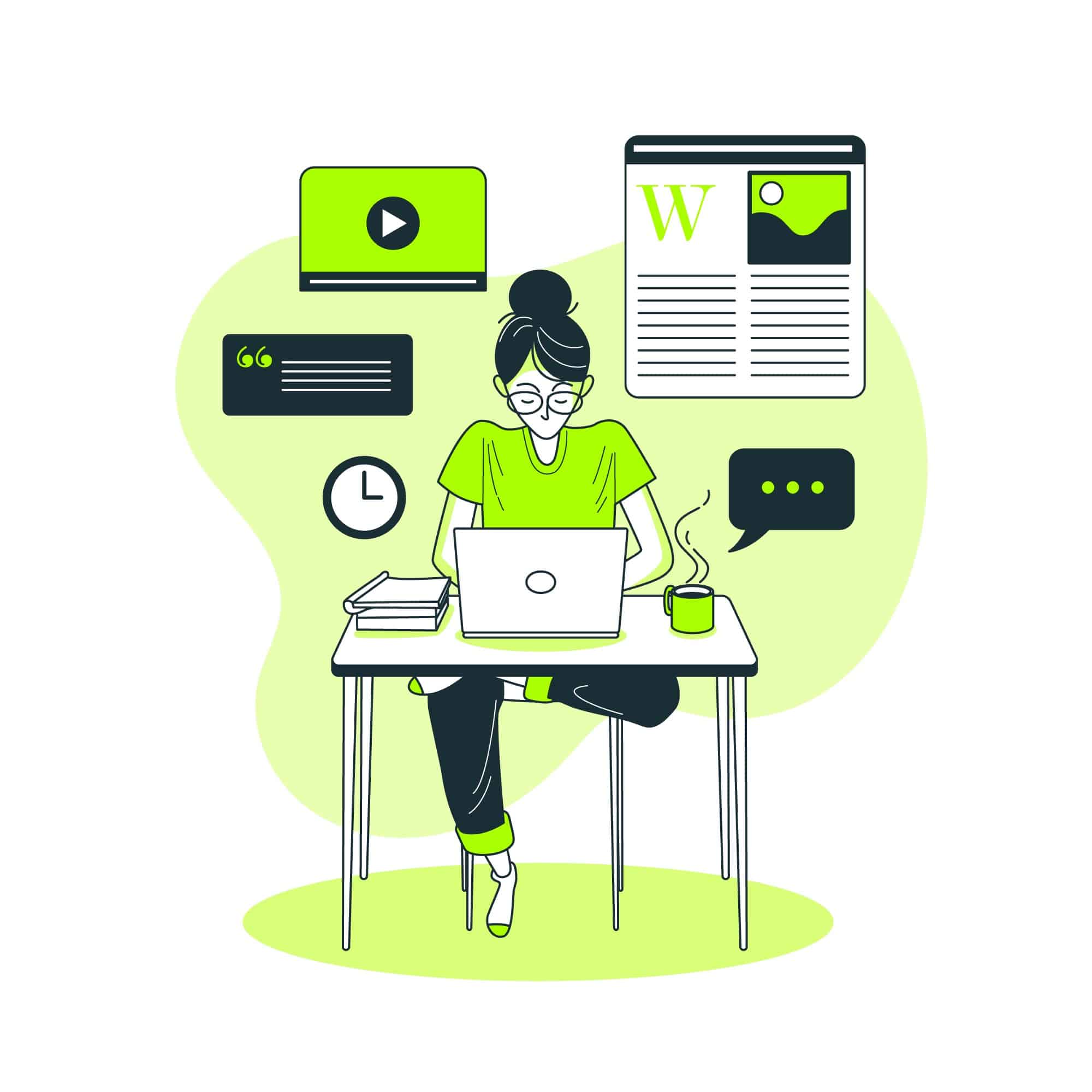 Illustration of woman siting at desk and working on laptop.